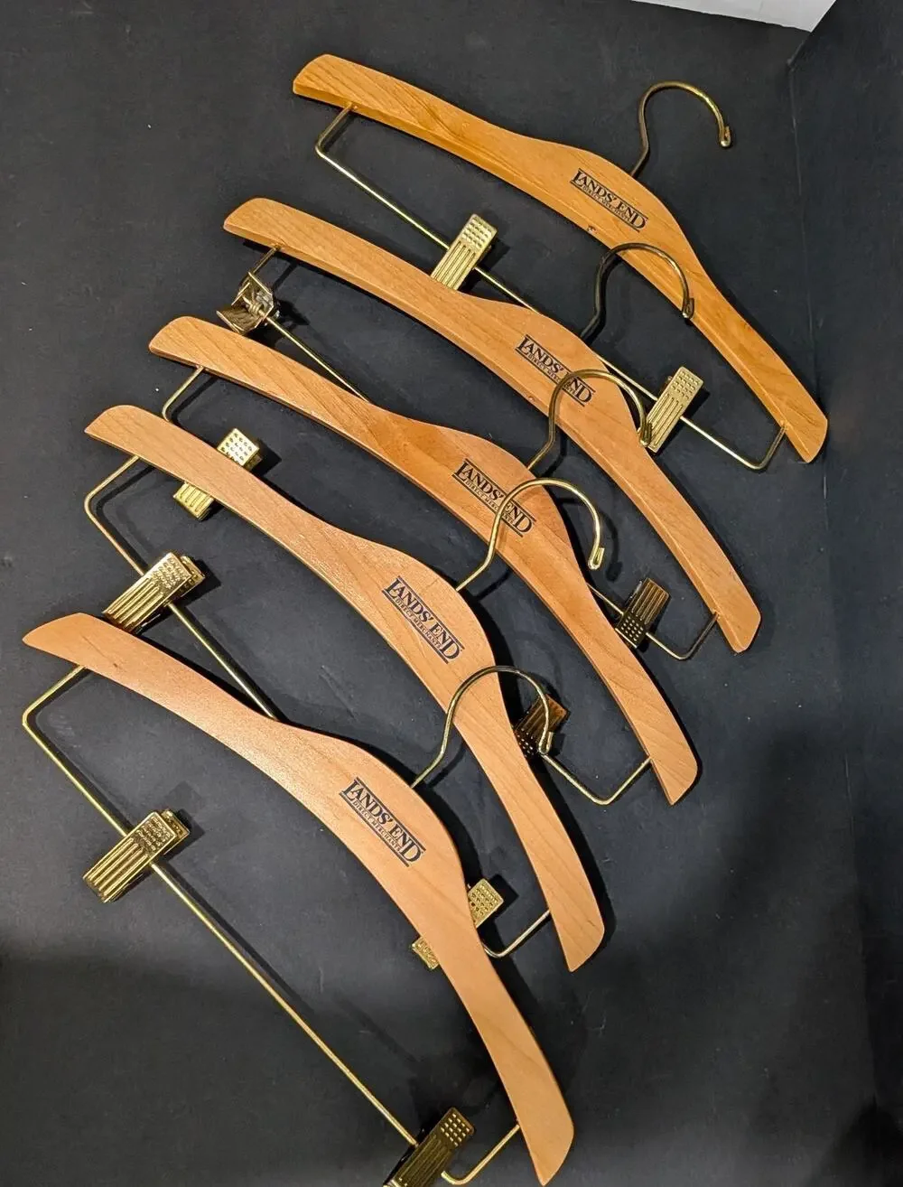 5 Vintage Hangers Land’s End Wooden And Brass Coat Clothes Pants Suit Shirt